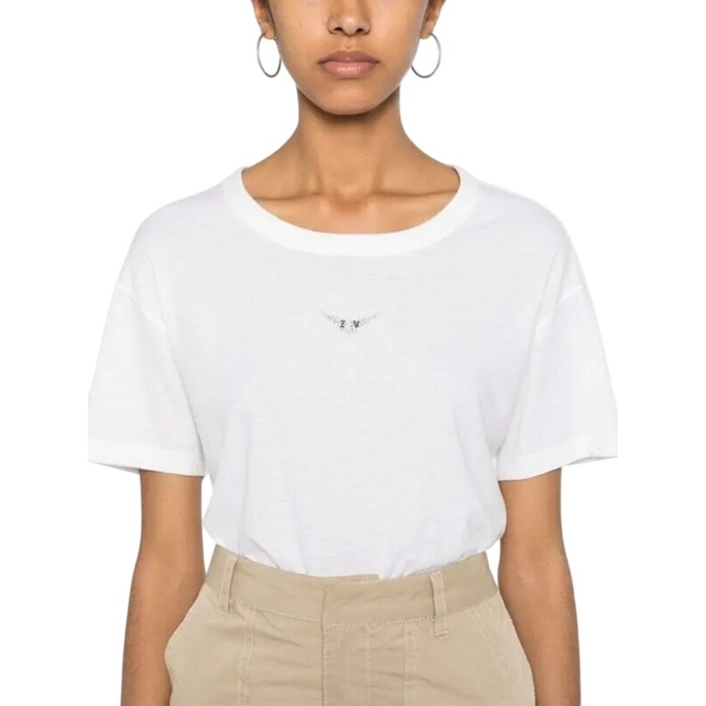 Zadig & Voltaire White Marta PCL Wings Strass Logo Rhinestone T-Shirt Womens XS